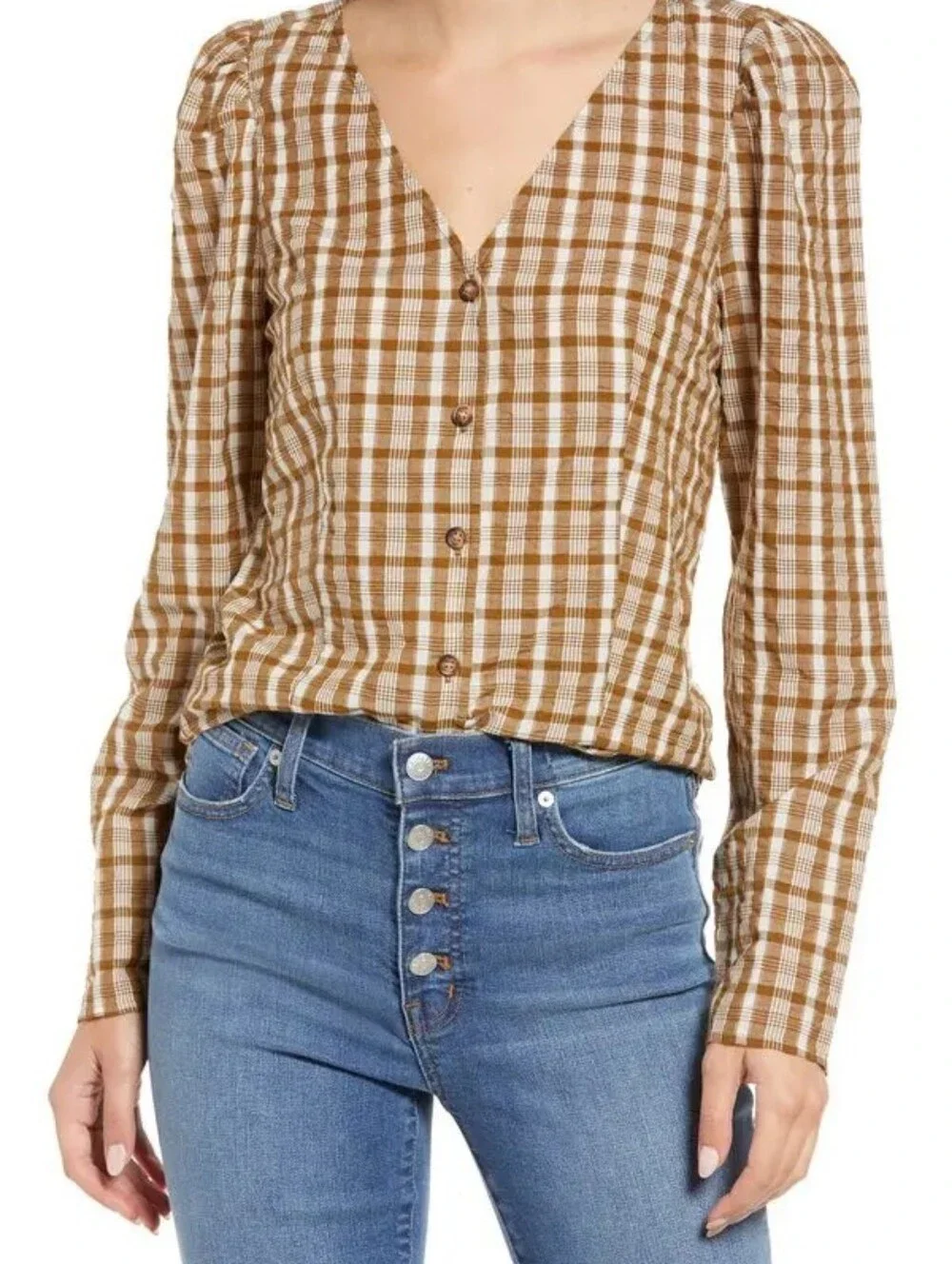 Madewell Westover Top Weathered Olive Plaid Puff Sleeve Cottagecore Blouse Sz 6